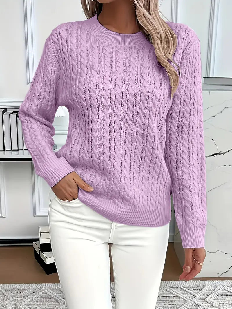 Women's Cable Textured Jumper with Crew Neck and Ribbed Cuffs