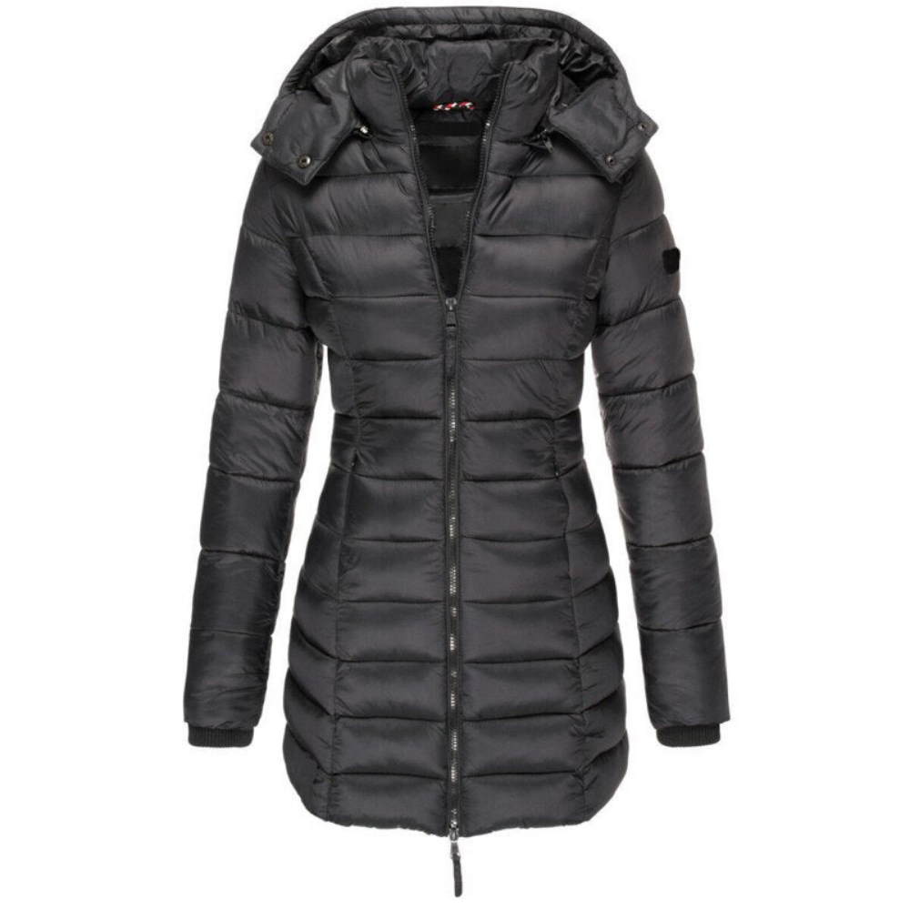 Women's Longline Hooded Puffer Jacket with Zip Front and Pockets