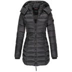 Women's Longline Hooded Puffer Jacket with Zip Front and Pockets