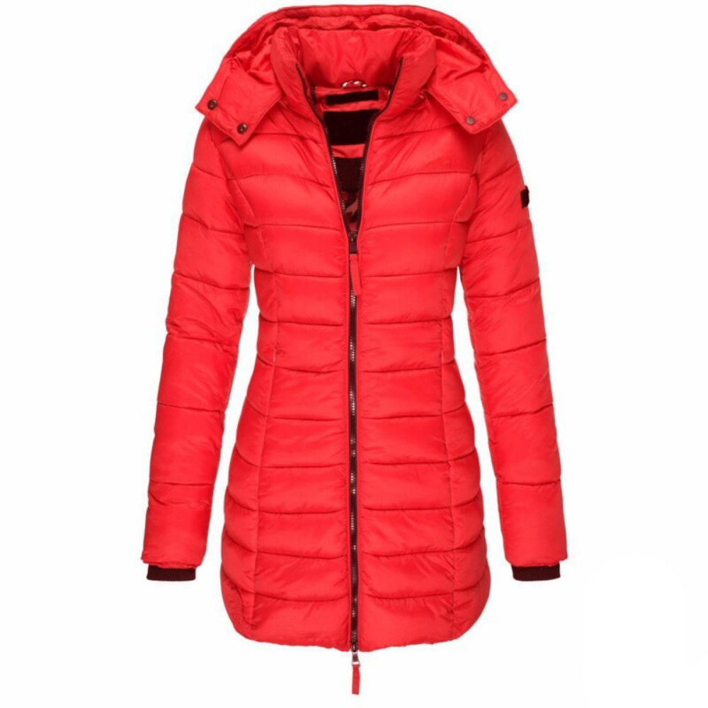 Women's Longline Hooded Puffer Jacket with Zip Front and Pockets