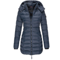 Women's Longline Hooded Puffer Jacket with Zip Front and Pockets