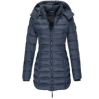 Women's Longline Hooded Puffer Jacket with Zip Front and Pockets