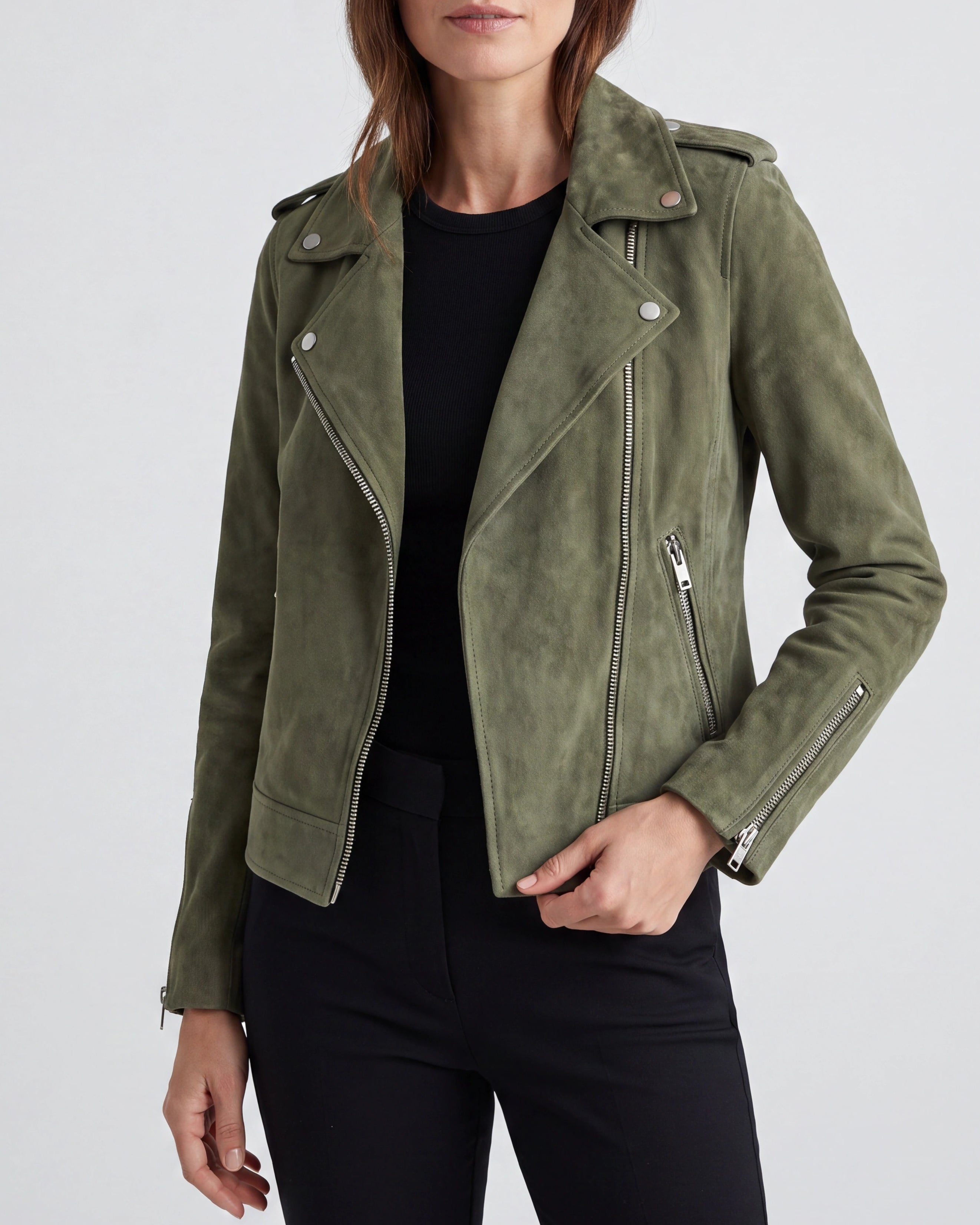 Women's Cropped Zip Front Lapel Collar Biker Jacket