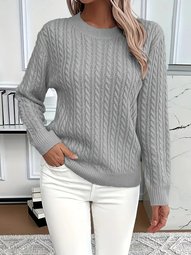 Women's Cable Textured Jumper with Crew Neck and Ribbed Cuffs