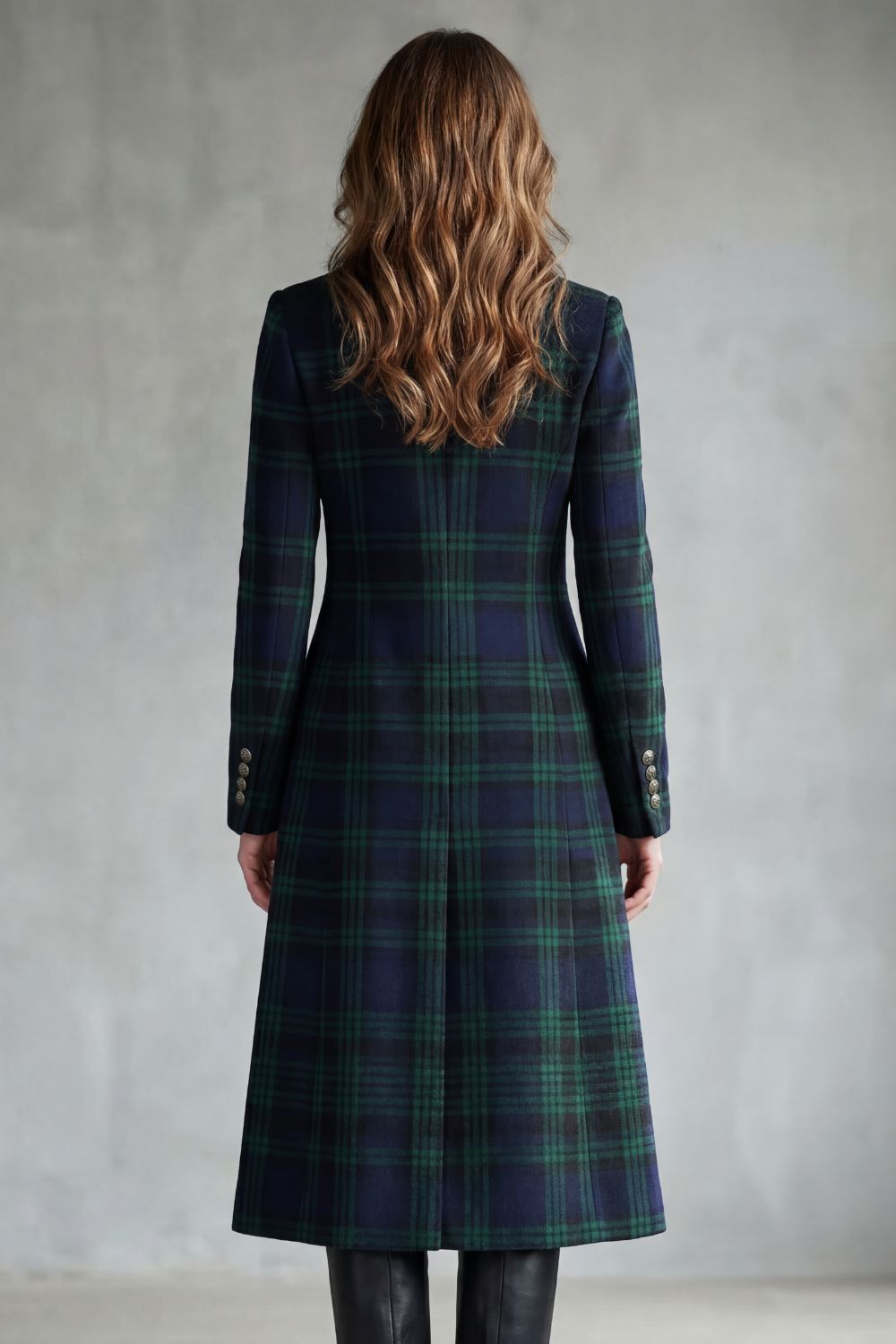 Women's Highland Check Coat with Stand Collar and Button Front