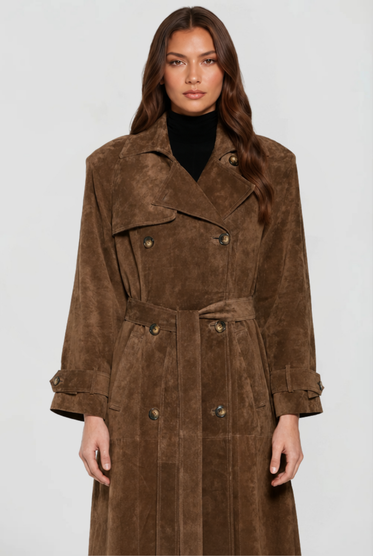 Women's Long Brown Suede Style Trench Coat with Double Breasted Front and Belt
