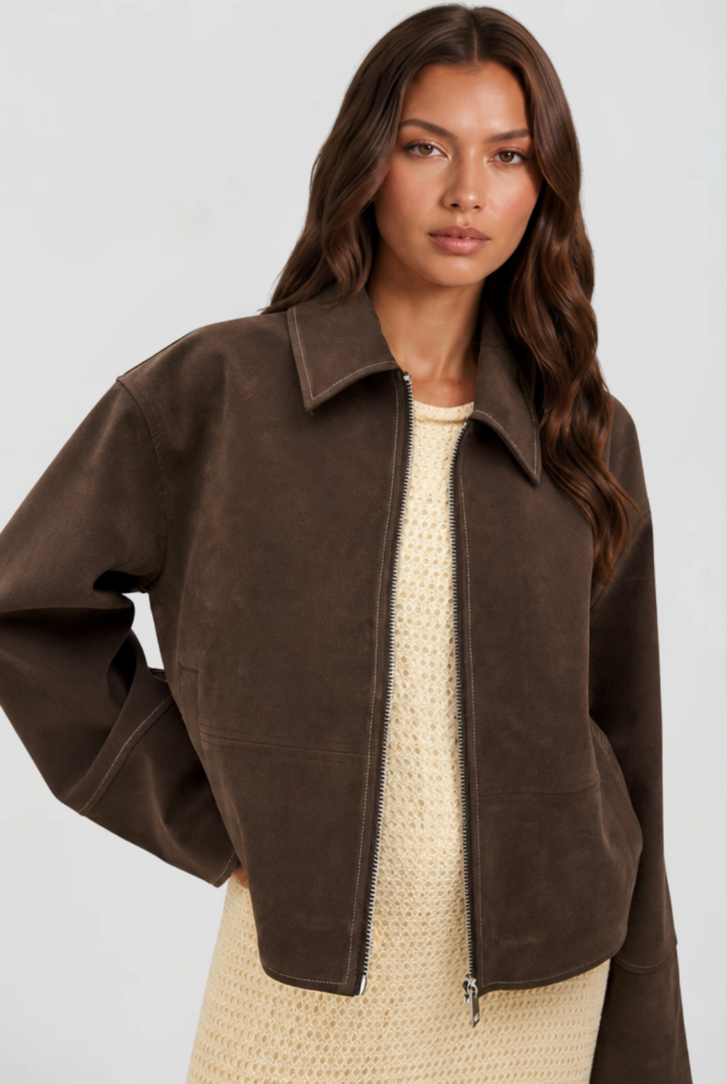 Women's Cropped Brown Suede Style Jacket with Collar and Zip Front