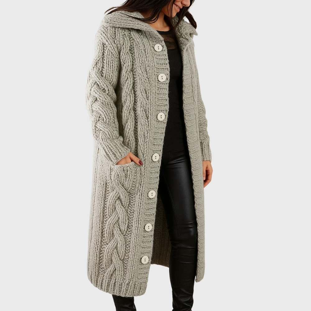 Women's Chunky Knit Longline Cardigan with Hood and Button Front