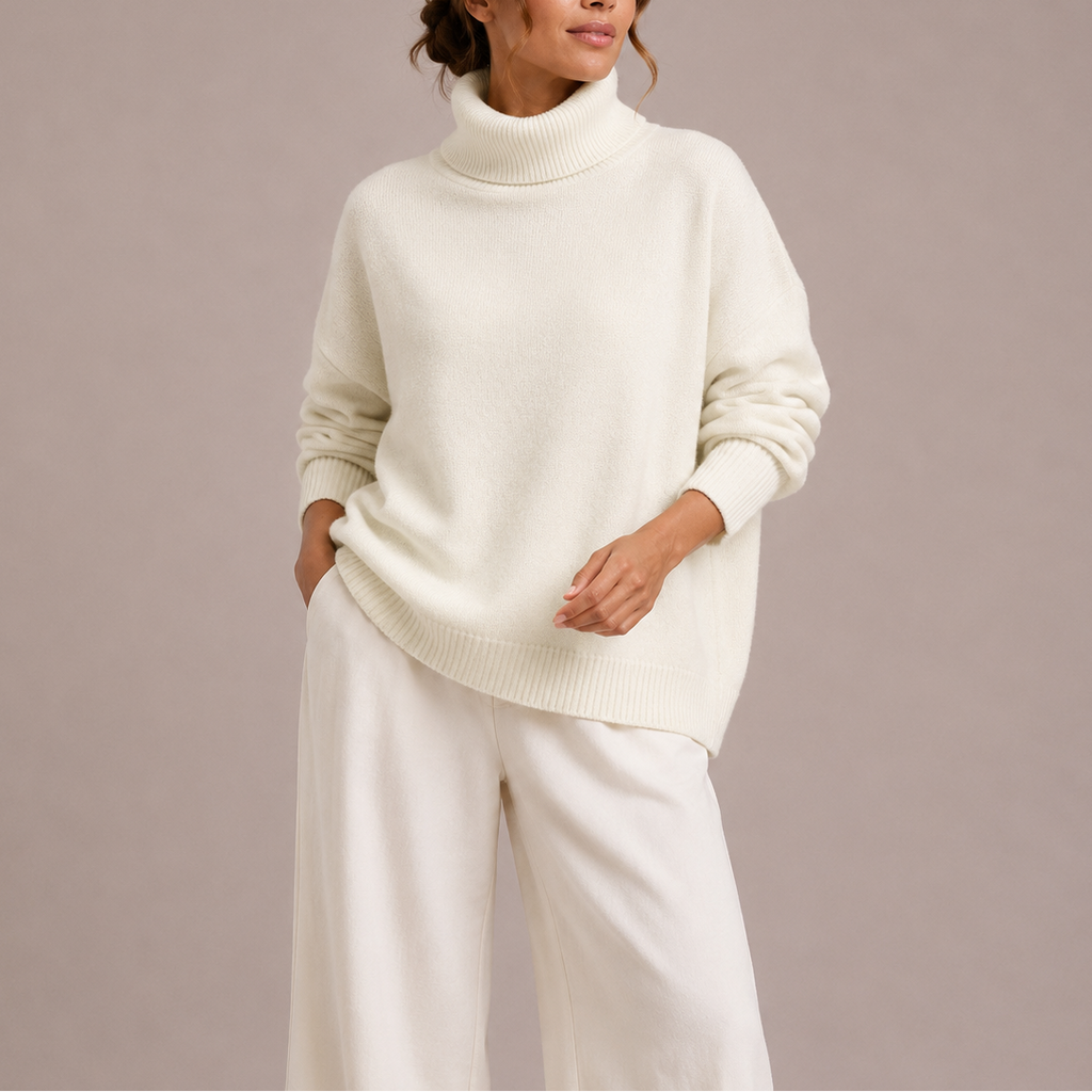 Women's oversized turtleneck jumper with drop shoulders and ribbed trims
