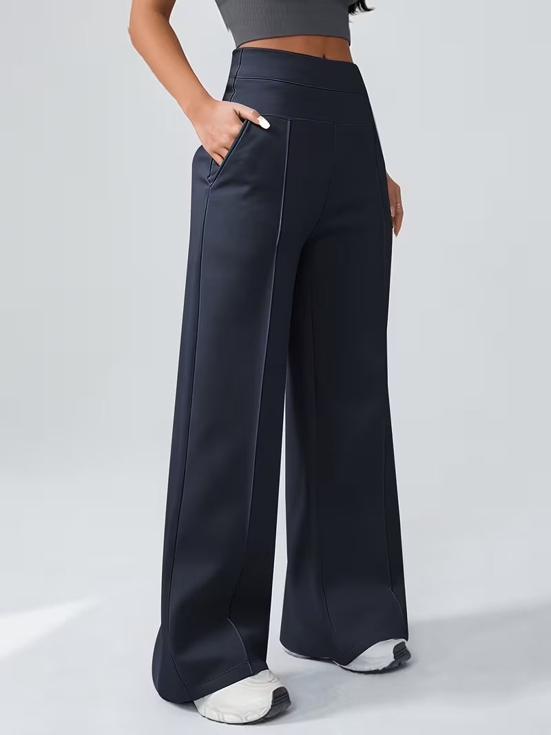 Women's High Waisted Wide Leg Trousers with Elasticated Waist and Side Pockets
