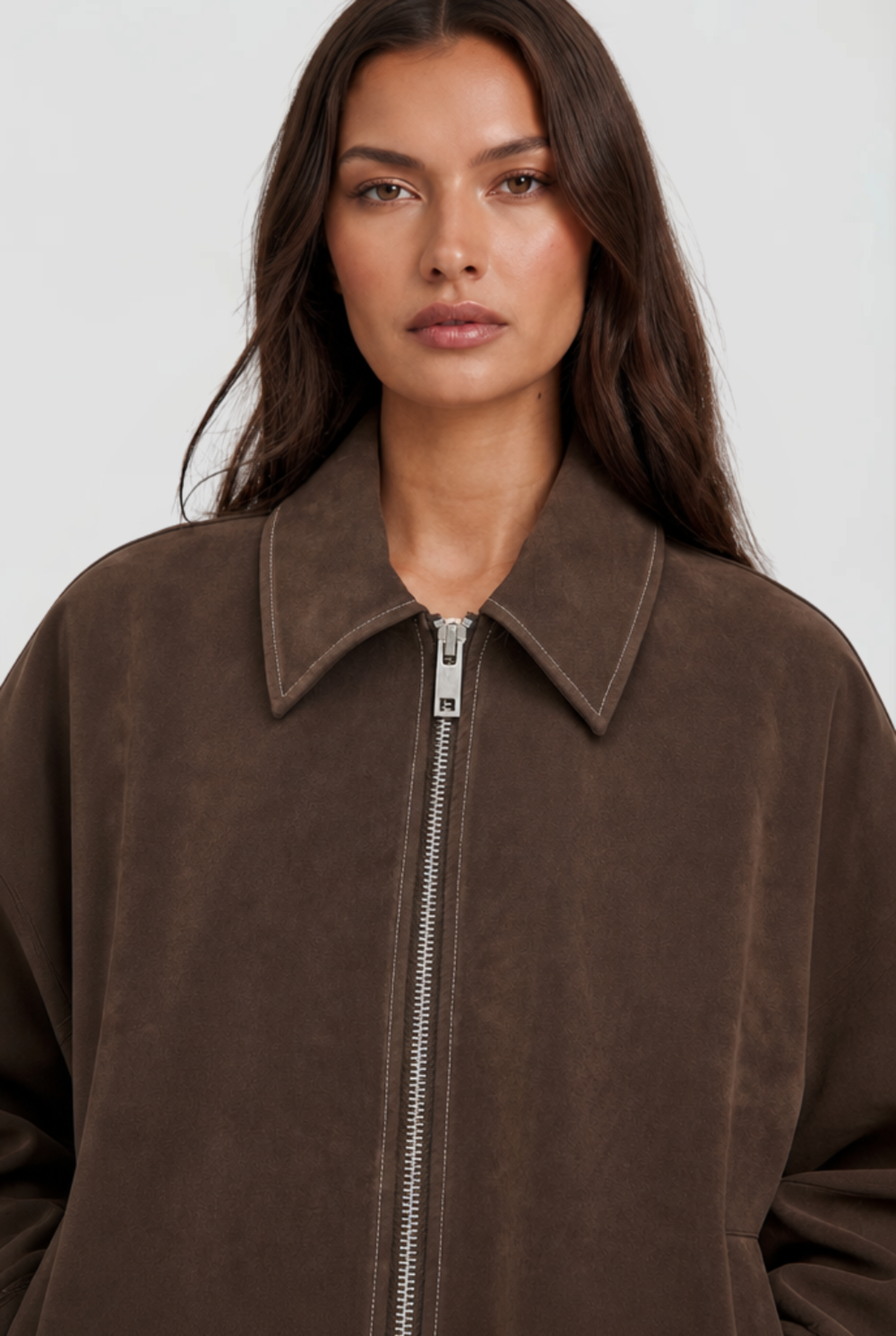 Women's Cropped Brown Suede Style Jacket with Collar and Zip Front