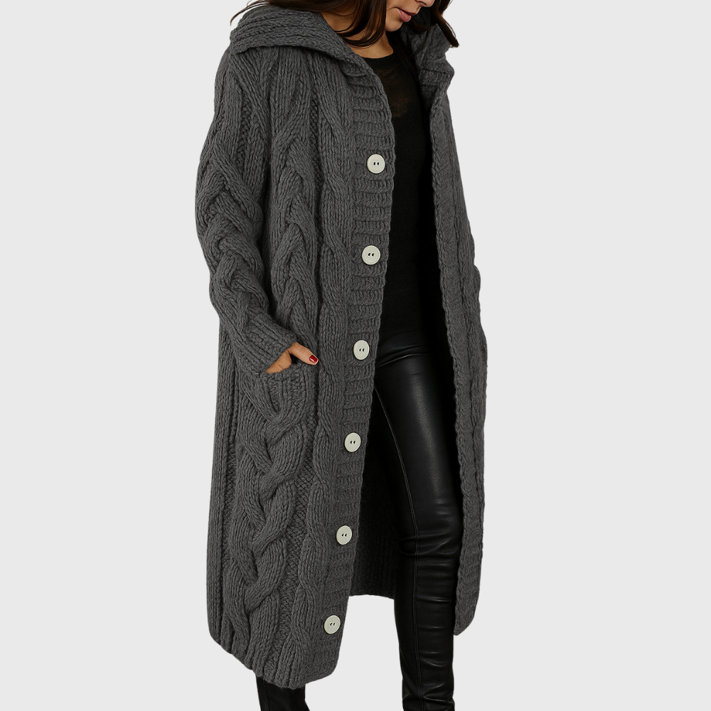 Women's Chunky Knit Longline Cardigan with Hood and Button Front
