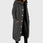 Women's Chunky Knit Longline Cardigan with Hood and Button Front