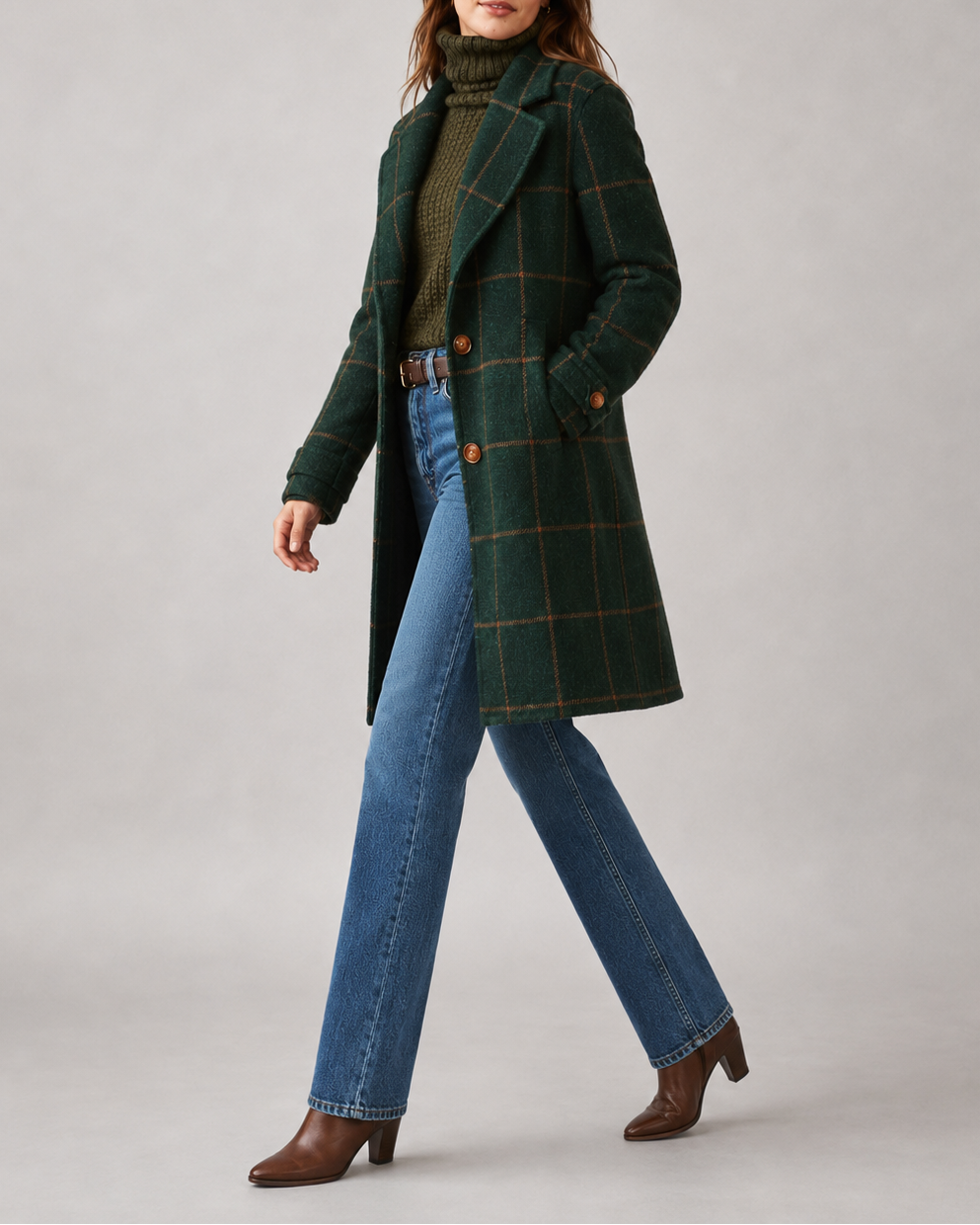 Women's Checked Wool Look Coat with Lapel Collar and Button Front