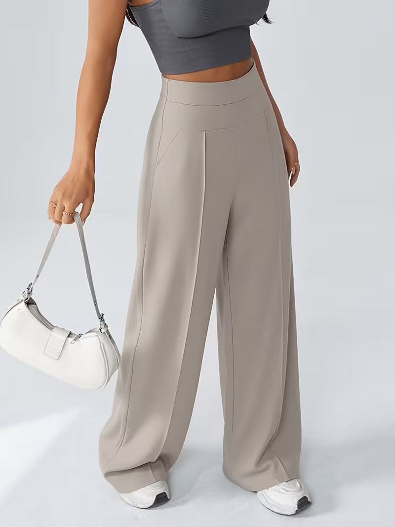 Women's High Waisted Wide Leg Trousers with Elasticated Waist and Side Pockets