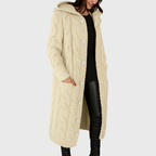 Women's Chunky Knit Longline Cardigan with Hood and Button Front