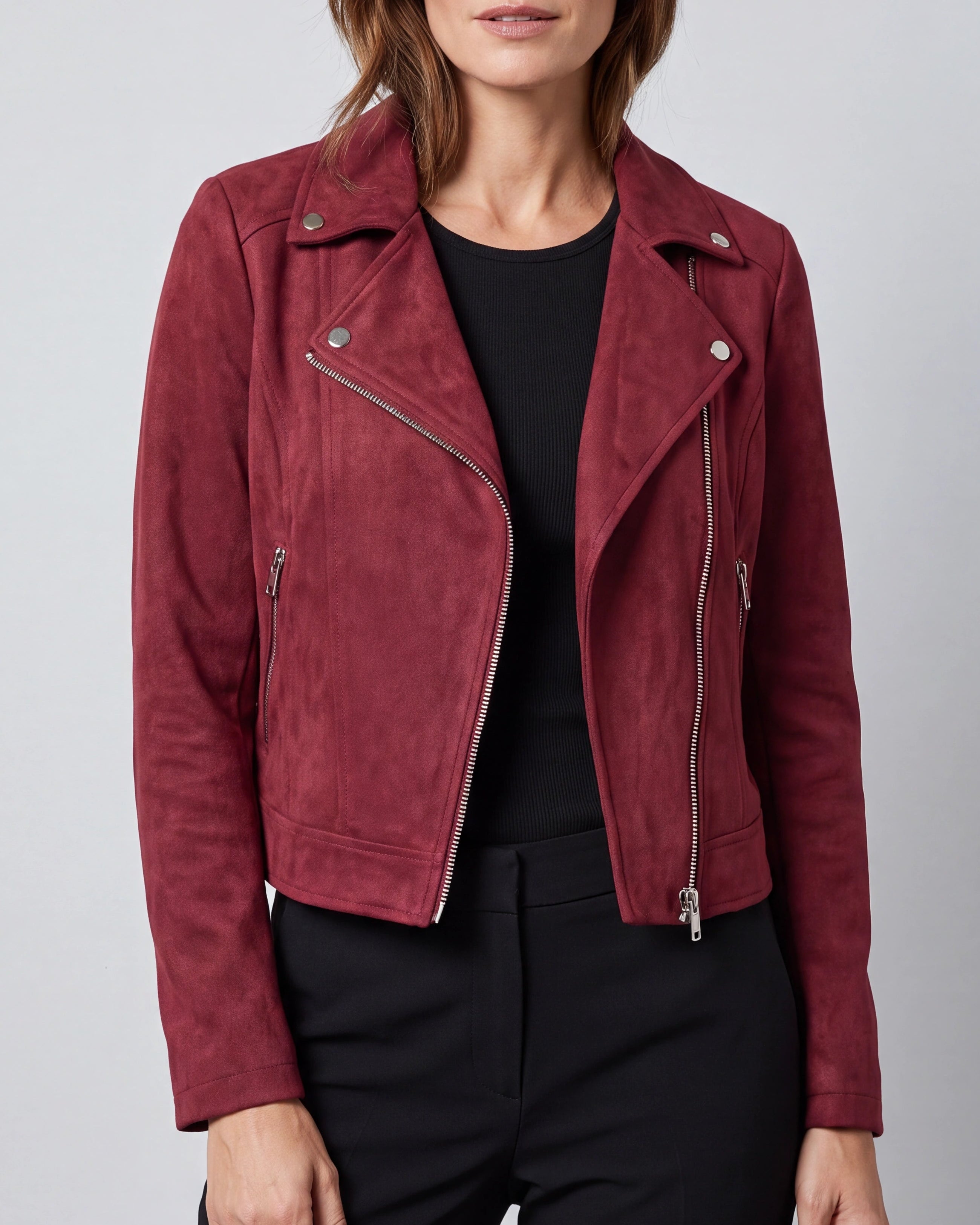 Women's Cropped Zip Front Lapel Collar Biker Jacket