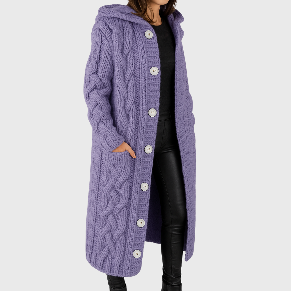 Women's Chunky Knit Longline Cardigan with Hood and Button Front