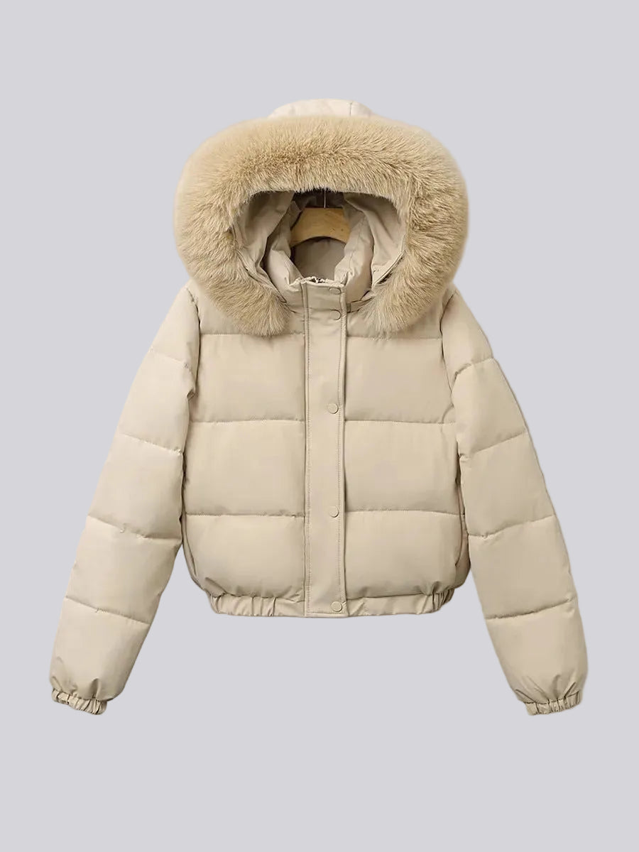 Women's Cropped Padded Puffer Jacket with Faux Fur Hood