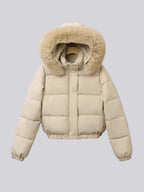 Women's Cropped Padded Puffer Jacket with Faux Fur Hood