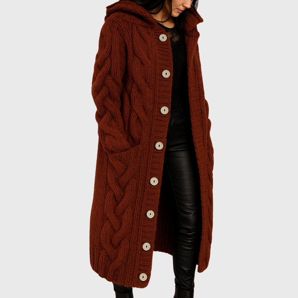 Women's Chunky Knit Longline Cardigan with Hood and Button Front