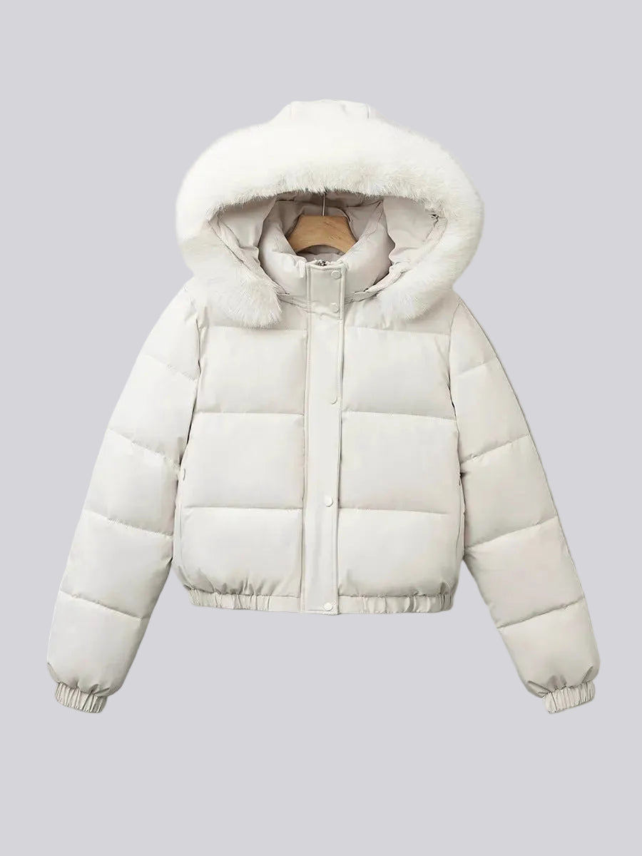 Women's Cropped Padded Puffer Jacket with Faux Fur Hood