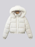 Women's Cropped Padded Puffer Jacket with Faux Fur Hood