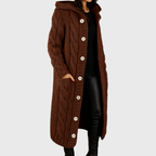 Women's Chunky Knit Longline Cardigan with Hood and Button Front