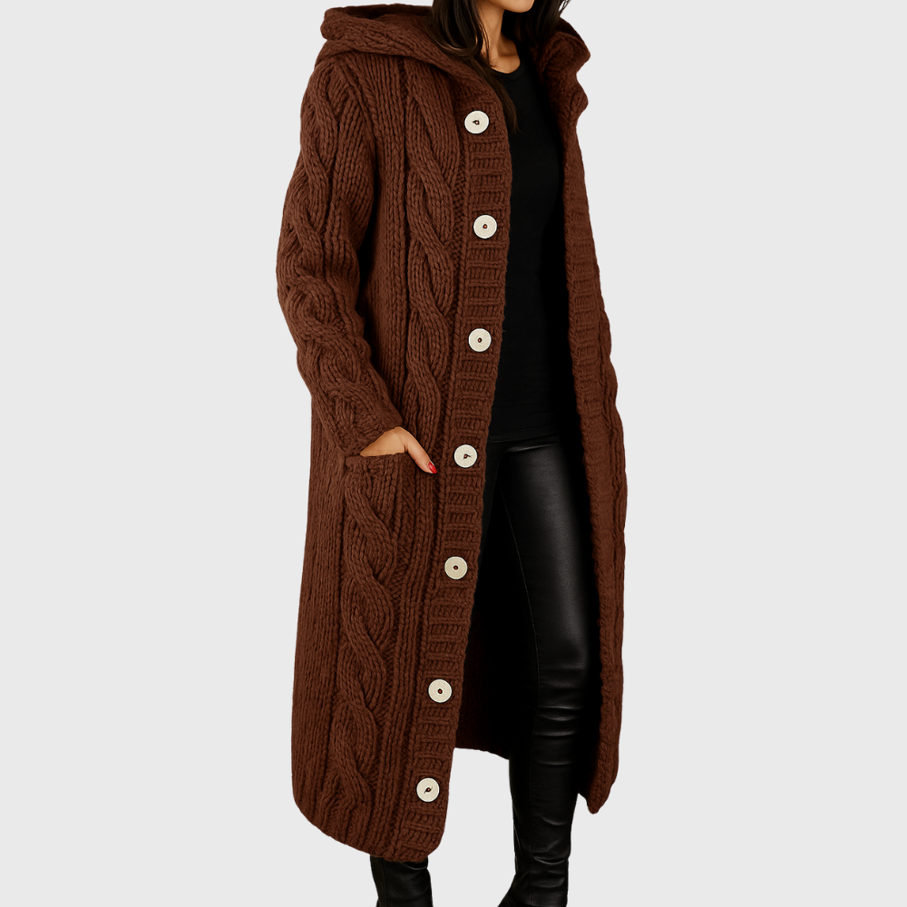 Women's Chunky Knit Longline Cardigan with Hood and Button Front