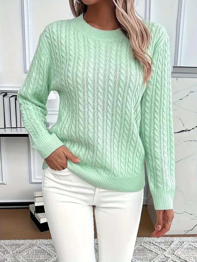 Women's Cable Textured Jumper with Crew Neck and Ribbed Cuffs
