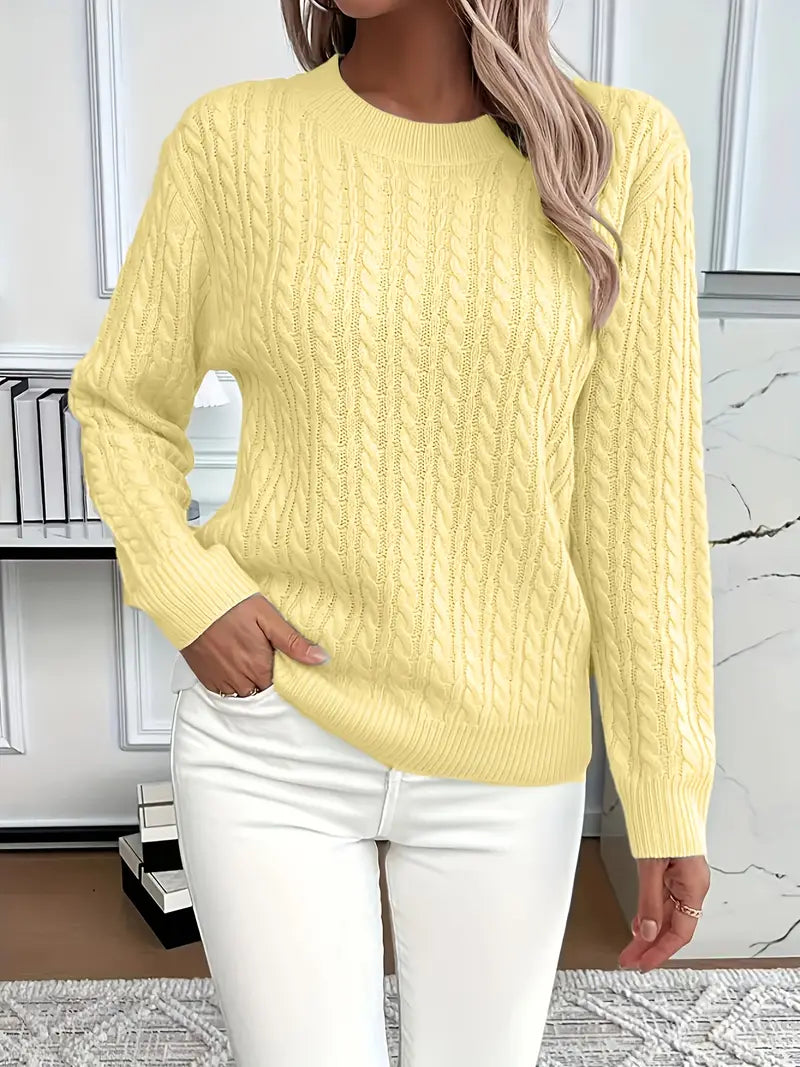 Women's Cable Textured Jumper with Crew Neck and Ribbed Cuffs