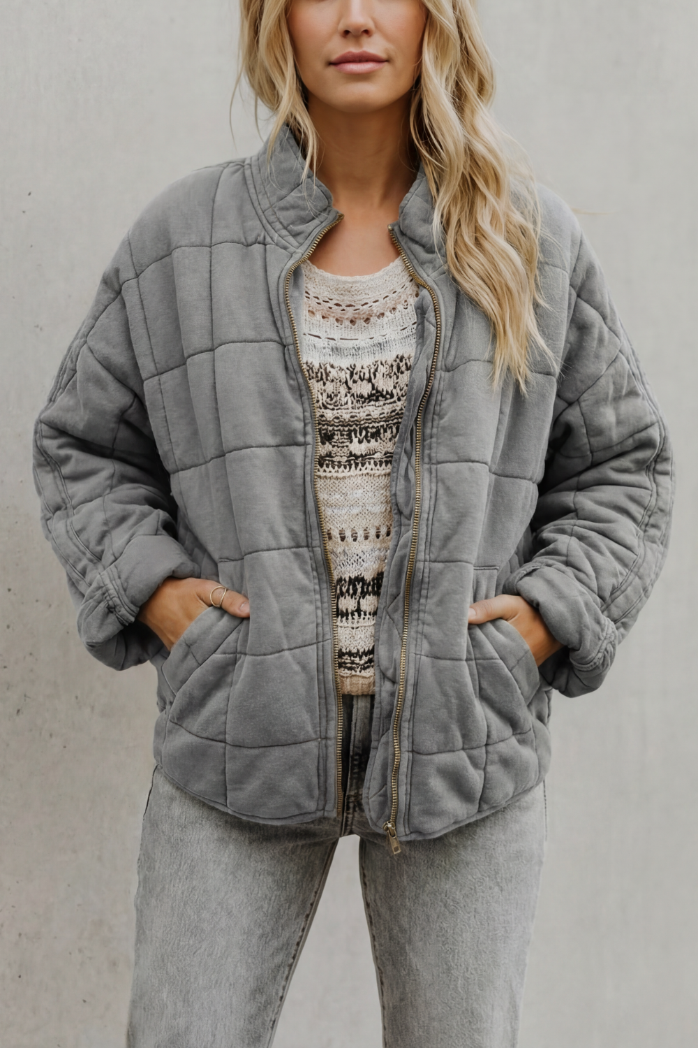 Women's Quilted Jacket with Stand Collar and Zip Front