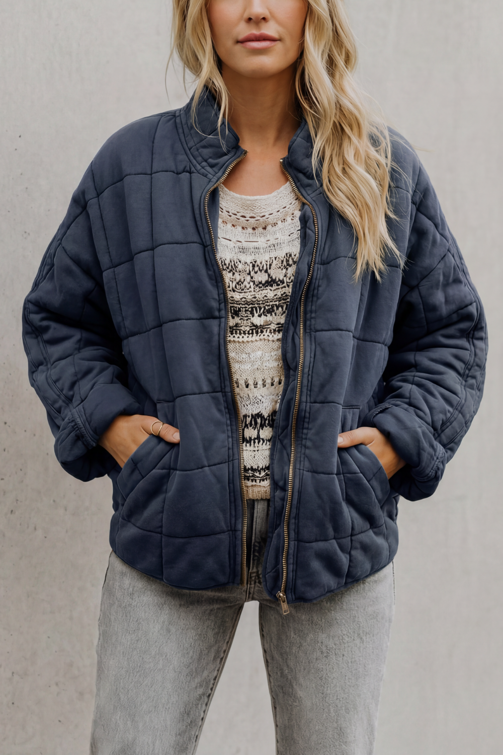 Women's Quilted Jacket with Stand Collar and Zip Front