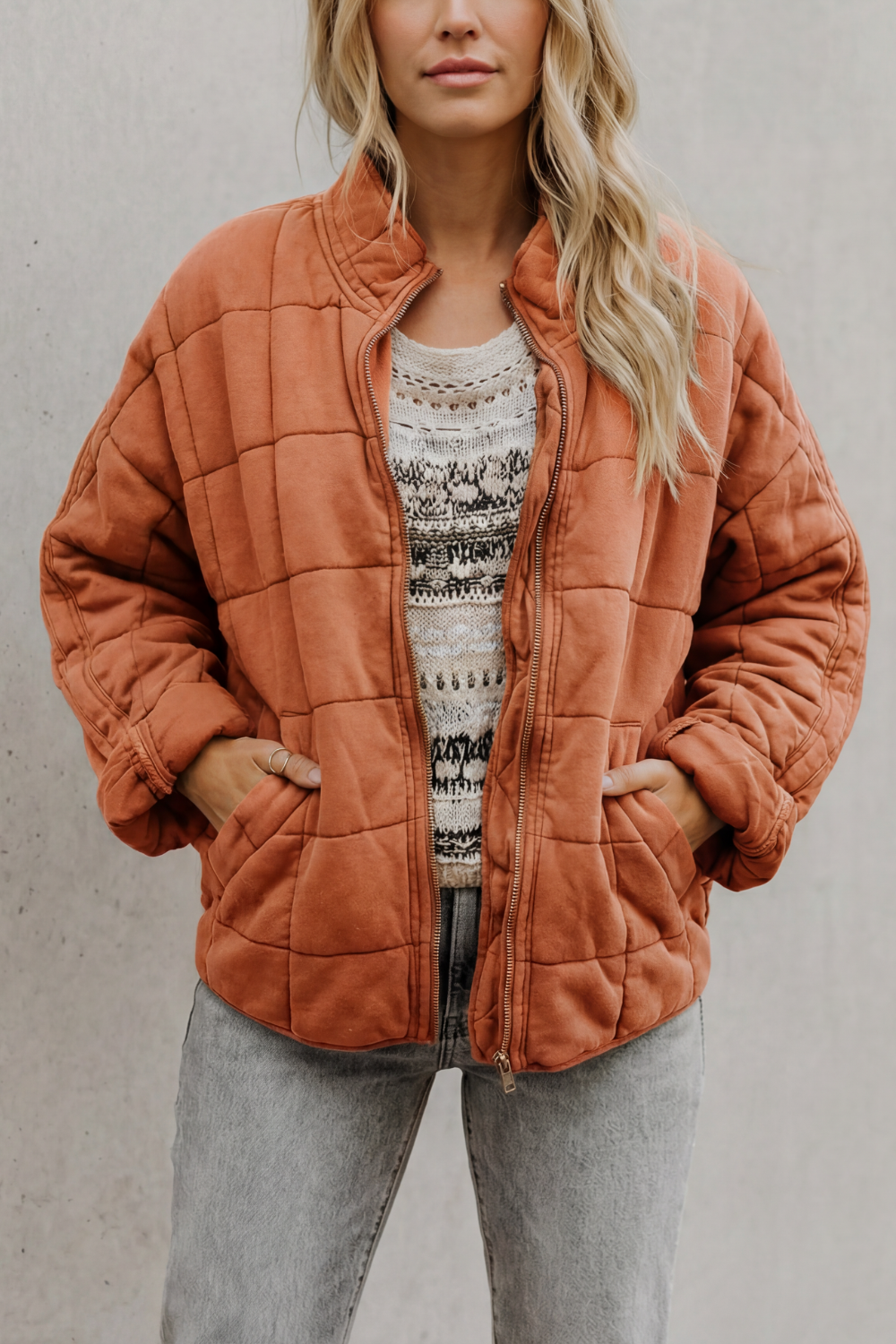 Women's Quilted Jacket with Stand Collar and Zip Front
