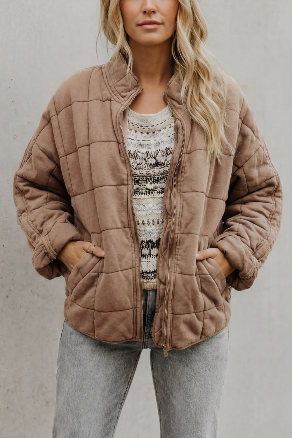 Women's Quilted Jacket with Stand Collar and Zip Front