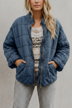 Women's Quilted Jacket with Stand Collar and Zip Front