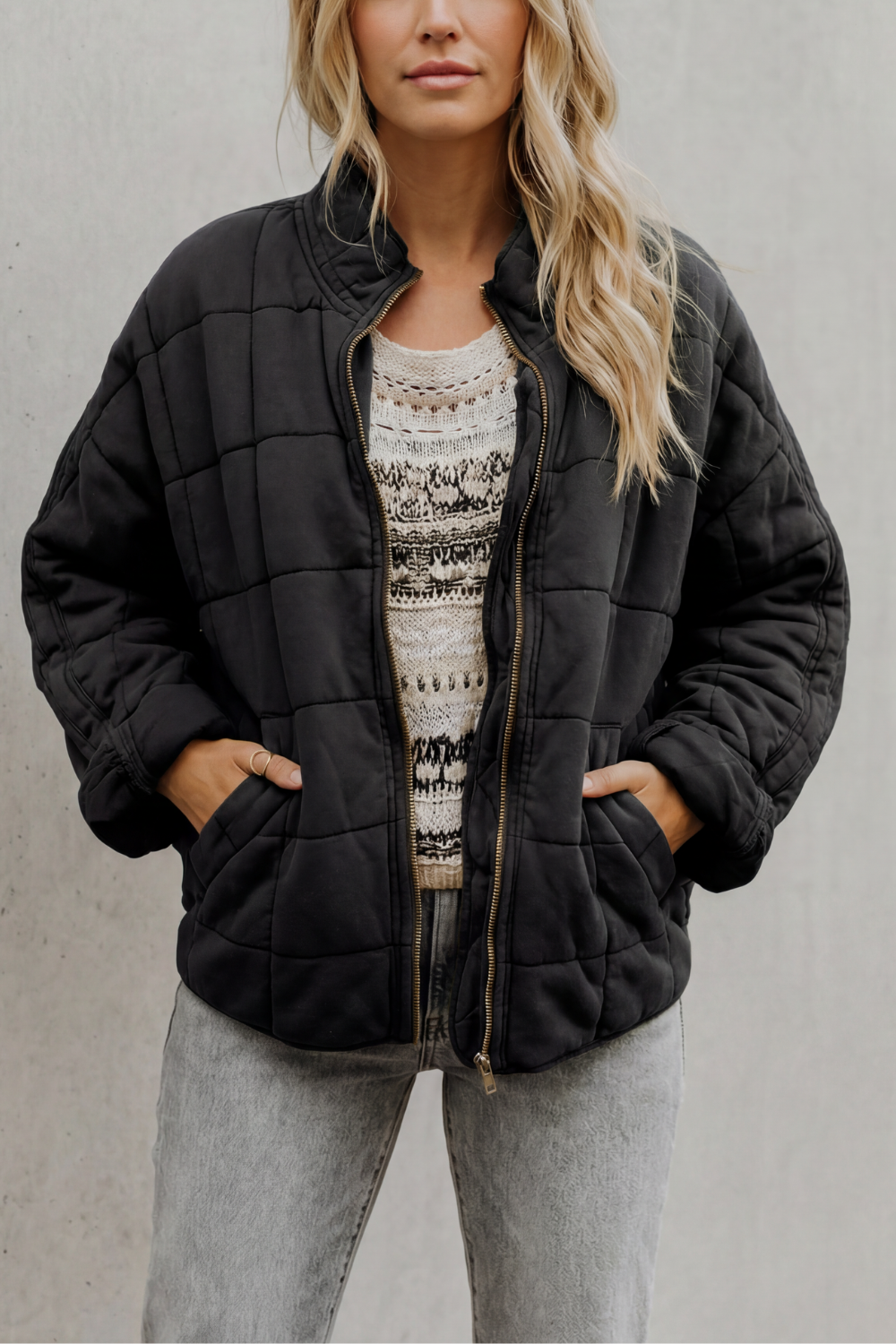 Women's Quilted Jacket with Stand Collar and Zip Front