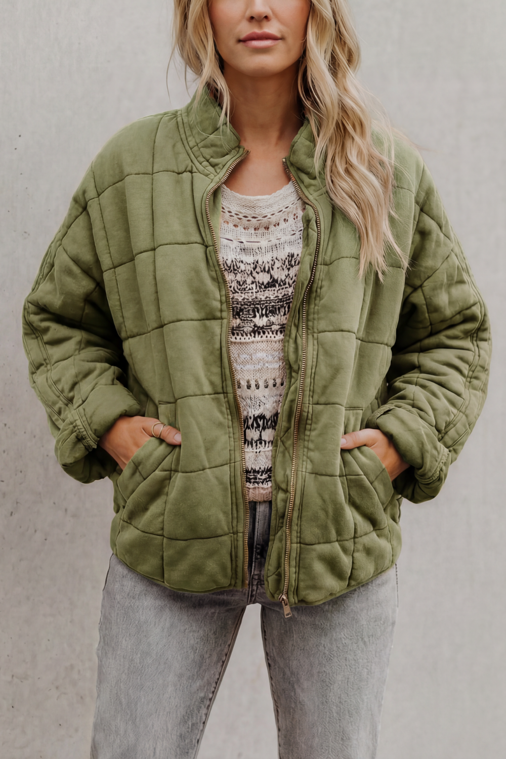Women's Quilted Jacket with Stand Collar and Zip Front