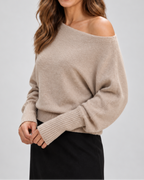 Women's knit jumper with off shoulder neckline and asymmetric hem in beige