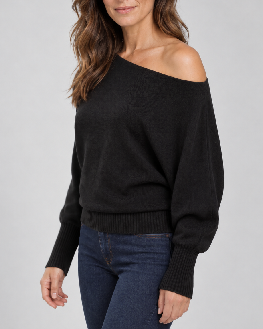 Women's knit jumper with off shoulder neckline and asymmetric hem in black