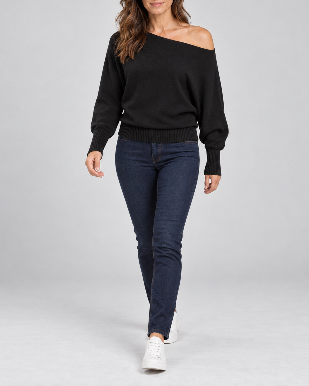 Women's knit jumper with off shoulder neckline and asymmetric hem in black