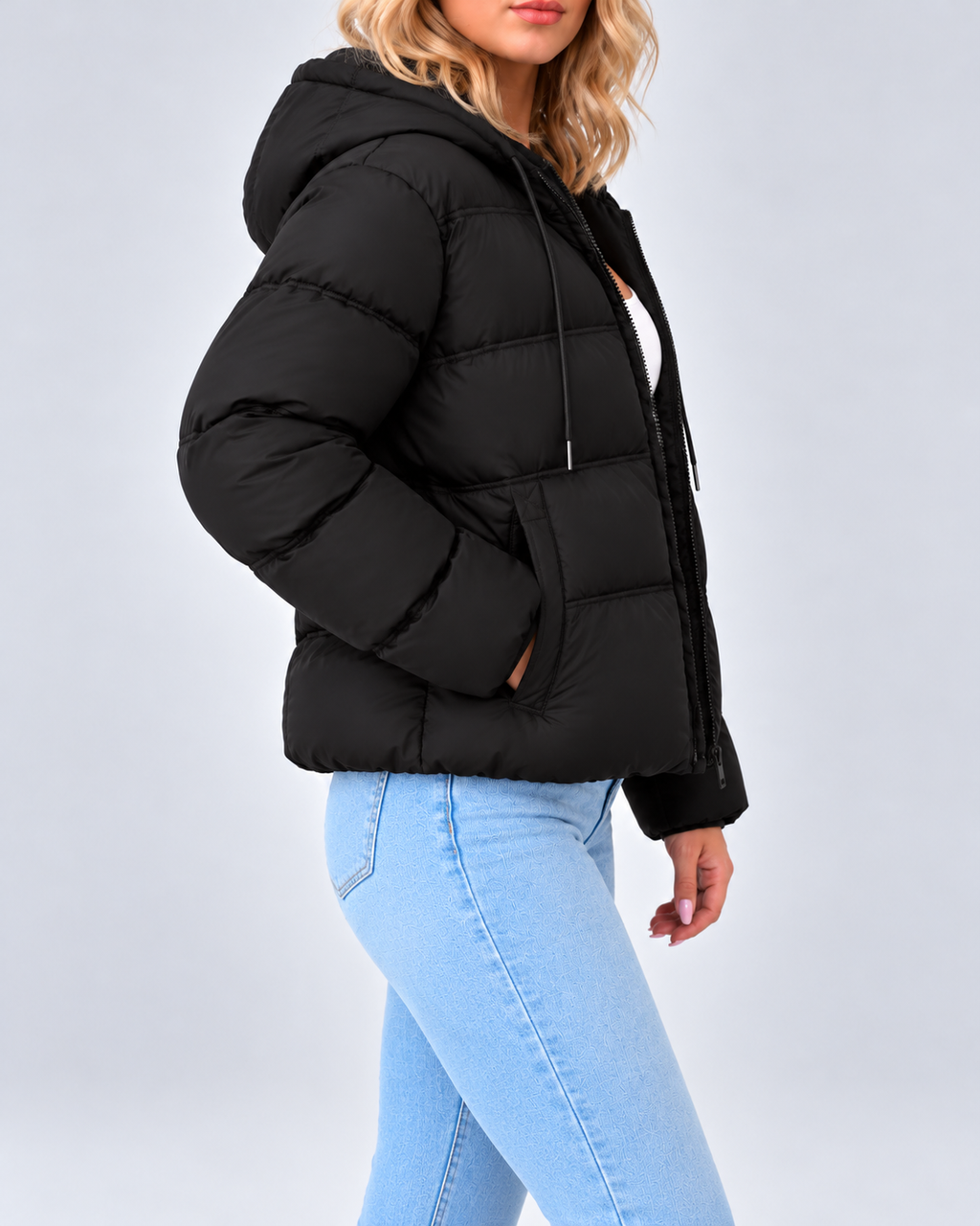 Women's Cotton Padded Hooded Puffer Jacket with Zip Front and Pockets