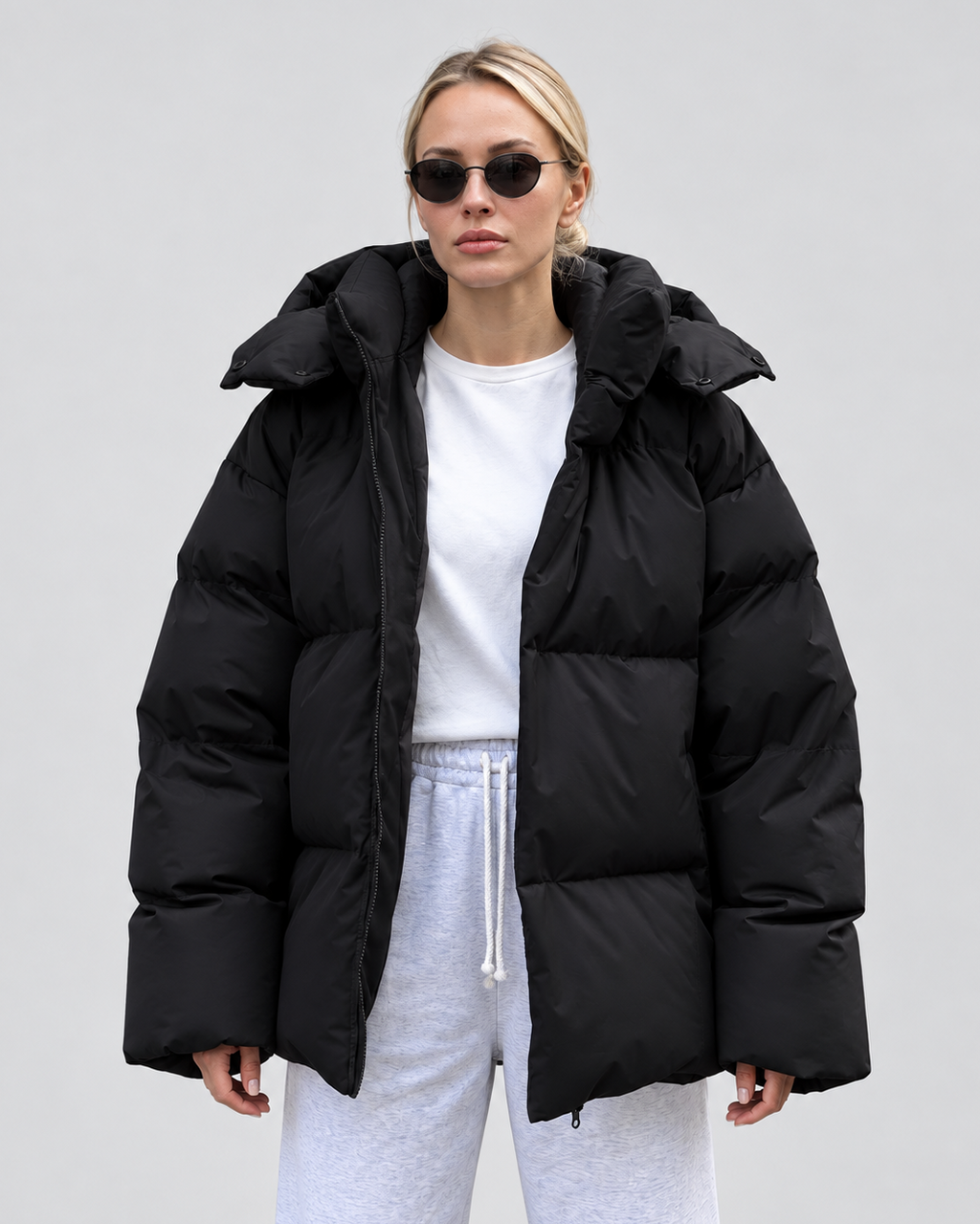 Women’s Oversized Hooded Puffer Jacket with Zip Front and Drop Shoulders