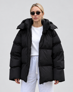 Women’s Oversized Hooded Puffer Jacket with Zip Front and Drop Shoulders