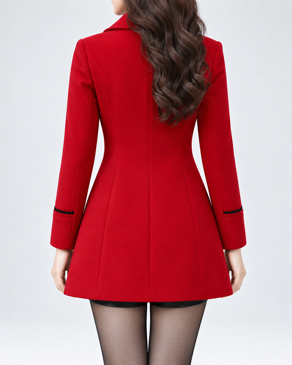 Women's Double Breasted Pea Coat with Notch Lapels and Piped Trim