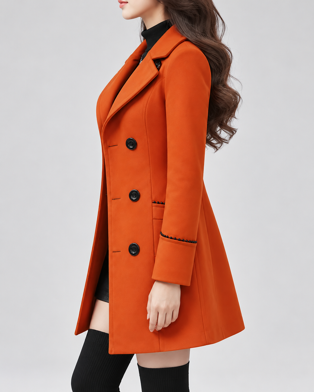 Women's Double Breasted Pea Coat with Notch Lapels and Piped Trim