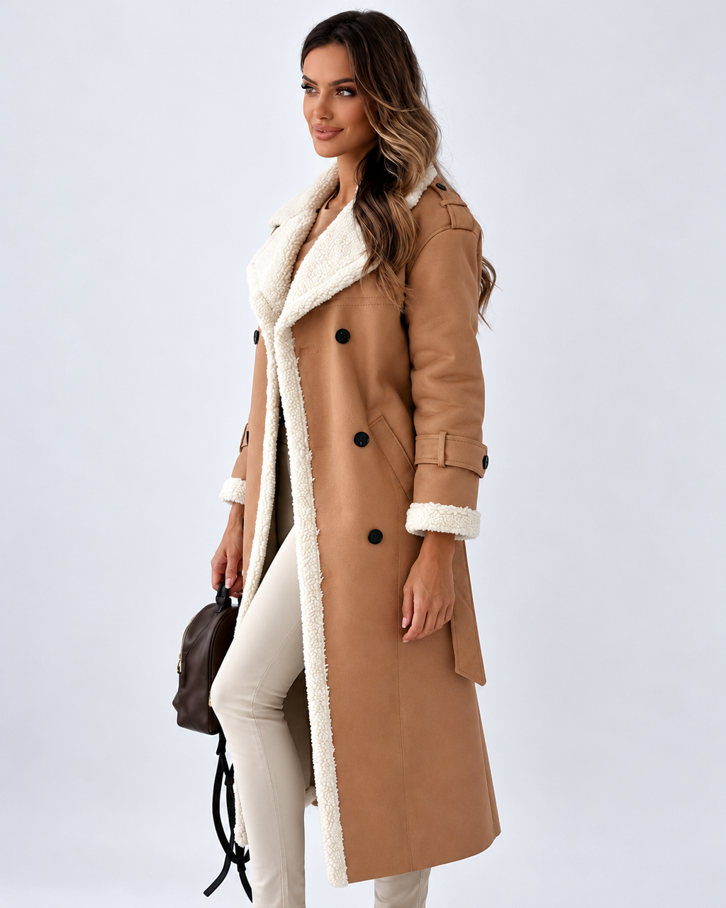 Women's Longline Belted Aviator Coat with Borg Trim