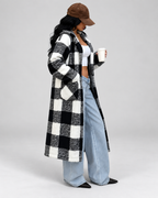 Women's Longline Checked Teddy Fleece Coat with Hood and Button Front