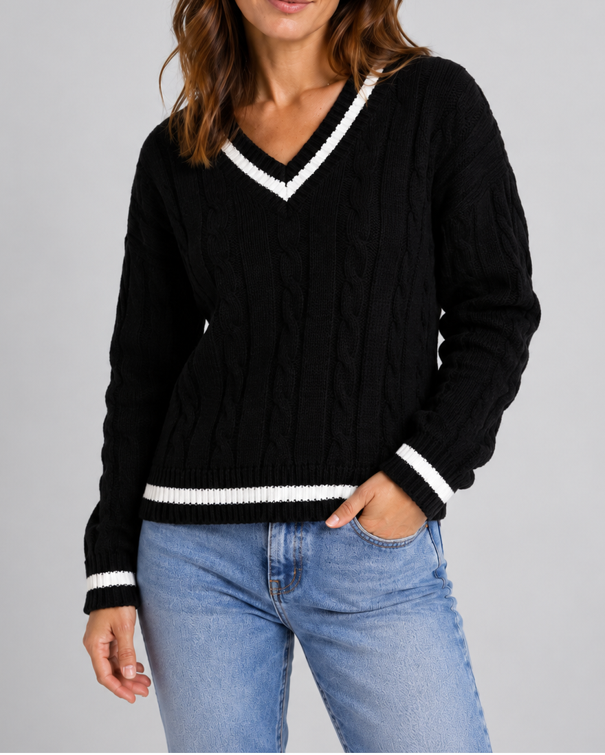 Women's Cable Knit Jumper with V Neck and Contrast Stripe Trim