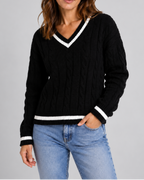Women's Cable Knit Jumper with V Neck and Contrast Stripe Trim